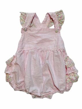 EUC Claire & Charlie Pink Stripe seersucker & floral bubble with ruffle butt 18m